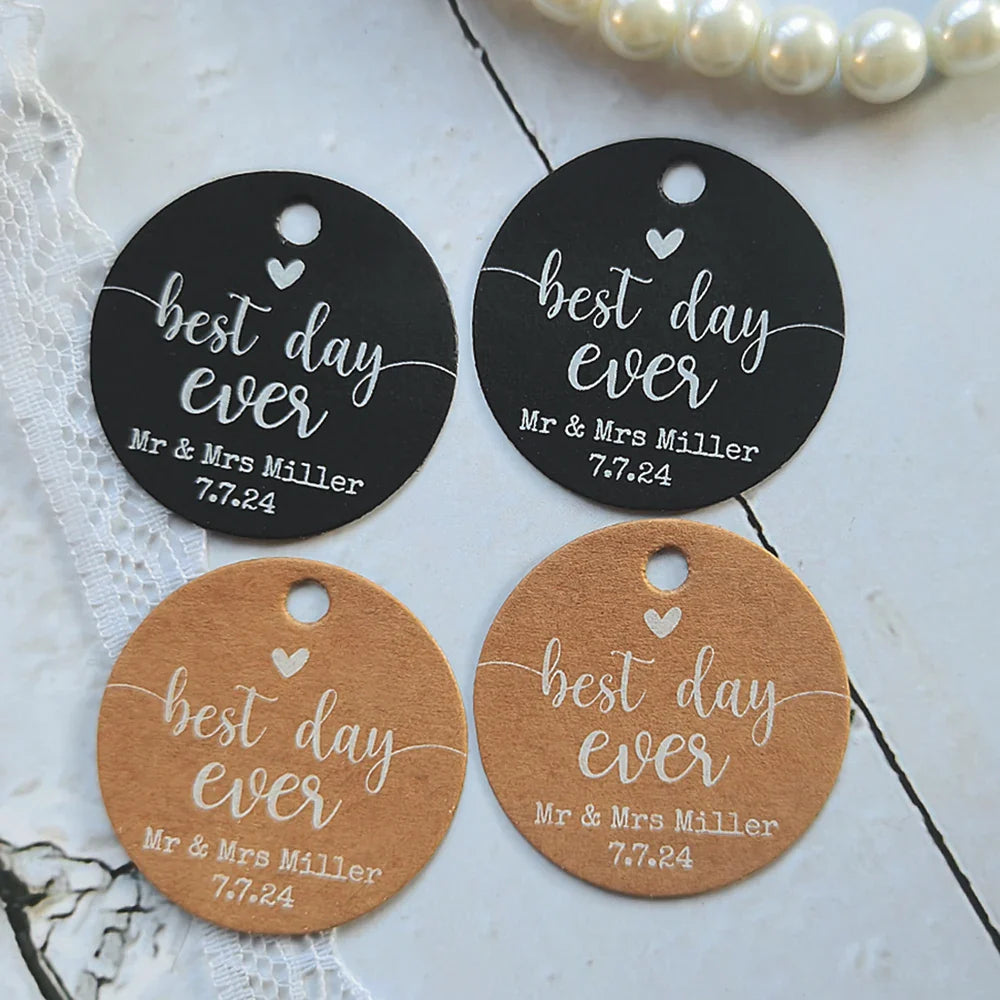 BY49 35mm Kraft & Black Paper Labels – Customizable Name & Date Wedding Decoration Stickers