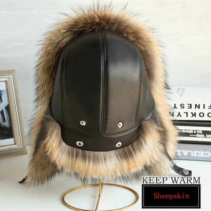 Natural Raccoon & Fox Fur Russian Ushanka Hat – Women’s Black Winter Bomber Cap with Ear Flaps