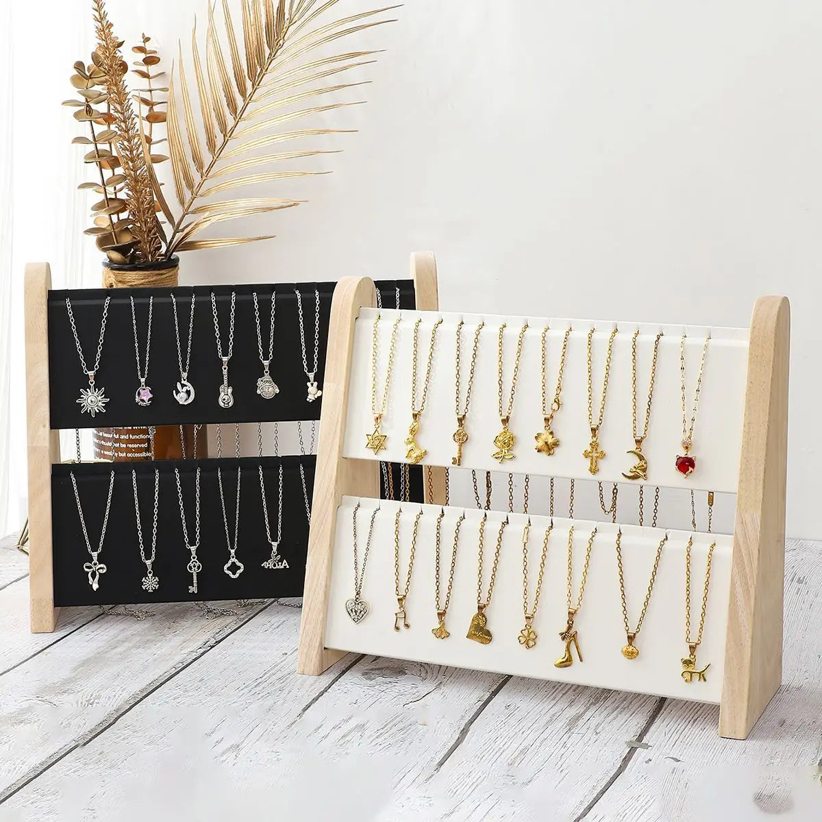 2-Layer Wooden Slope Jewelry Display Stand – Necklace & Pendant Organizer Rack Tray