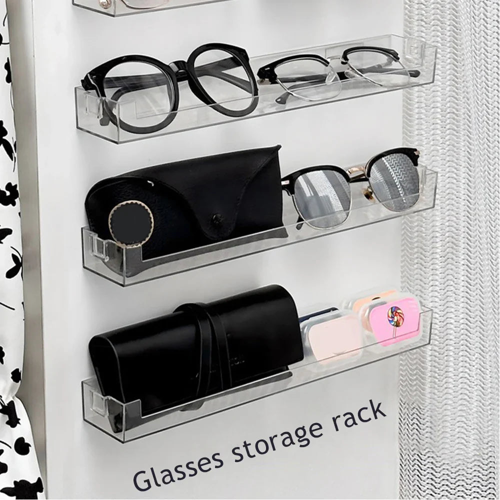 Wall Mounted Glasses & Storage Rack — No Punch Floating Shelf Organizer with Transparent PET Display Stand