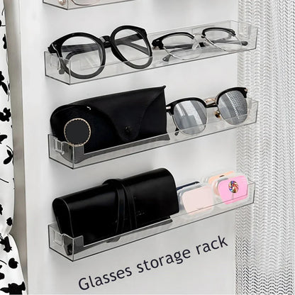Wall Mounted Glasses & Storage Rack — No Punch Floating Shelf Organizer with Transparent PET Display Stand