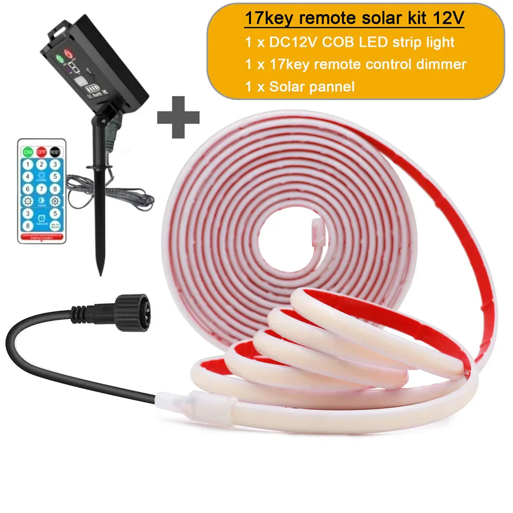 12V/24V Solar COB LED Strip Light IP68 Waterproof Flexible Tape Lamp 320 LEDs Warm & Natural White for Garden Decoration – 0.5M/1M/2M/5M
