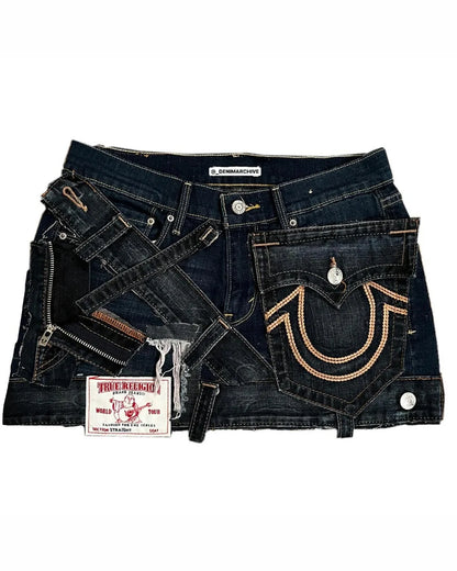 Gothic High-Waisted Y2K Denim Mini Skirt – Retro Patchwork Pleated Skirt with Letter Embroidery for Women