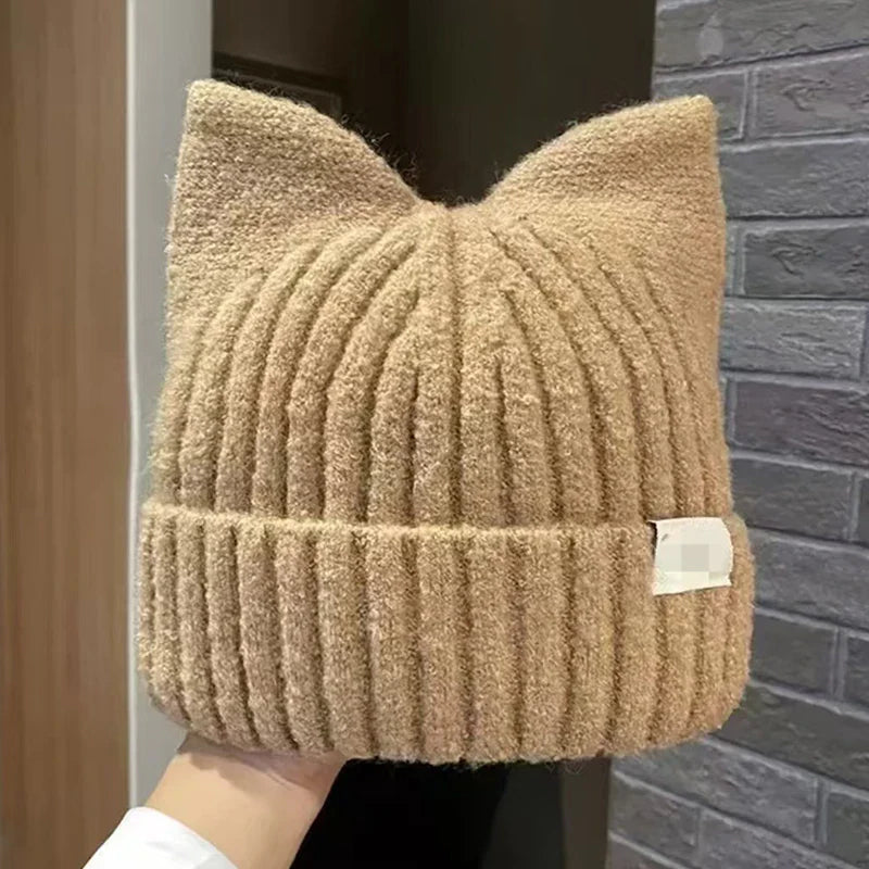 Cute Cat Ears Beanie for Women – Warm Autumn Winter Knitted Hat, Sweet Ear Protection Pullover