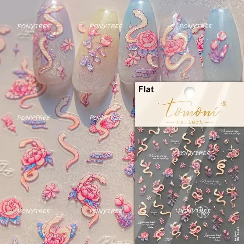 5D Gold Stamped Nail Art Stickers - Silver Sun Stars Snake Chinese Style Self-Adhesive Manicure Decals