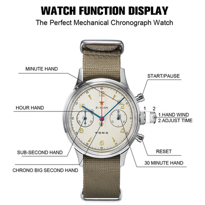 RED STAR 38mm Men's 1963 Chronograph Mechanical Watch – Pilot Air Force Aviation with Seagull ST1901 Movement & Sapphire Glass