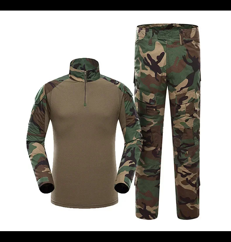 Men’s Camo Tactical Uniform Set | Ripstop Airsoft Suit with Multi-Pocket Pants & Training Shirt for Hunting or Paintball