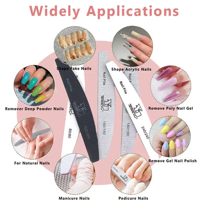 5Pcs Nail File Set – Mixed Colors with 80/100/150/180/240 Grit | Professional Sandpaper Cuticle Remover and Buffer Files