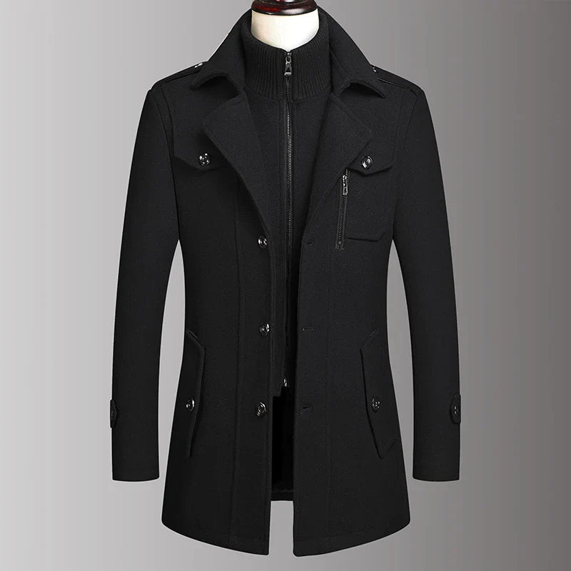 Men’s Double Collar Wool Coat – Stylish Autumn Winter Business Woolen Jacket for Middle-Aged Men