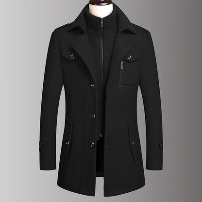 Men’s Double Collar Wool Coat – Stylish Autumn Winter Business Woolen Jacket for Middle-Aged Men