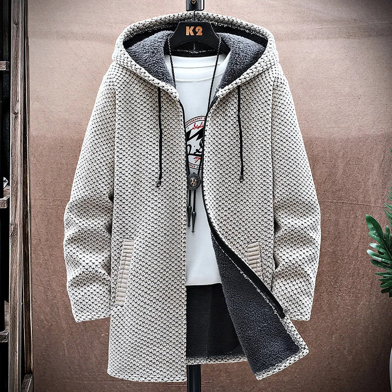 Men's Cashmere Hooded Cardigan Coat – Warm Fleece Long Sweater Jacket for Autumn Winter