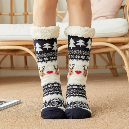 Women’s Winter Plush Socks – Soft Fuzzy Non-Slip Floor Slippers with Penguin, Deer, Elk & Bear, Cozy Christmas Gift