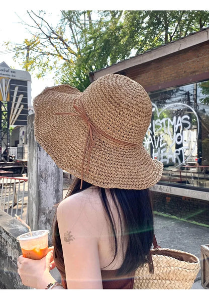 Women’s Holiday Beach Sun Hat – Large Brim Woven Straw Fisherman Hat with Bow, Seaside Sun Protection Panama Chapeau Korean Style