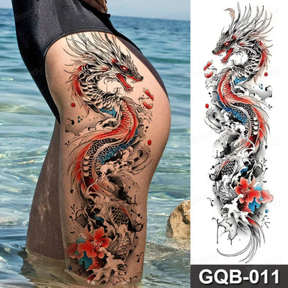 Full Arm Dragon Skull Tattoo Sleeve - Waterproof Temporary Body Art Sticker with Clock Compass Flower Design for Men & Women