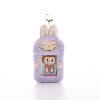Kawaii Labubu Fluffy ID Card Keychain – Cartoon Sliding Card Holder for Students, Meal & Bus Cards, Cute Photo Album Gift for Kids
