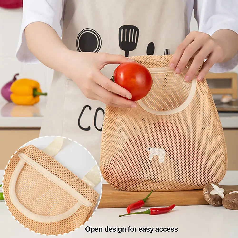 Reusable Hanging Mesh Storage Bag – Kitchen Fruit & Vegetable Organizer Net Bag for Onions, Garlic, Potatoes & Ginger