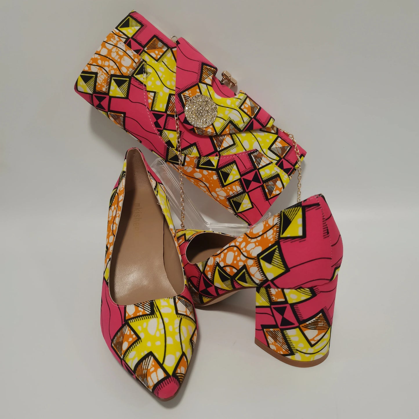 African Ankara Women’s Block Heel Shoes & Purse Set - Nigerian-Inspired Pointed Toe Fashion Accessories