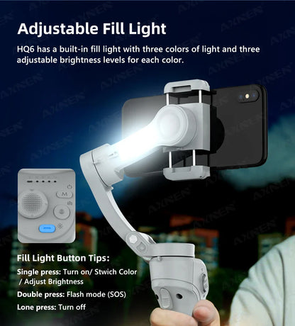 HQ6 3-Axis Gimbal Handheld Stabilizer – With Fill Light, Face Tracking, Anti-Shake for Android & iPhone Video Recording