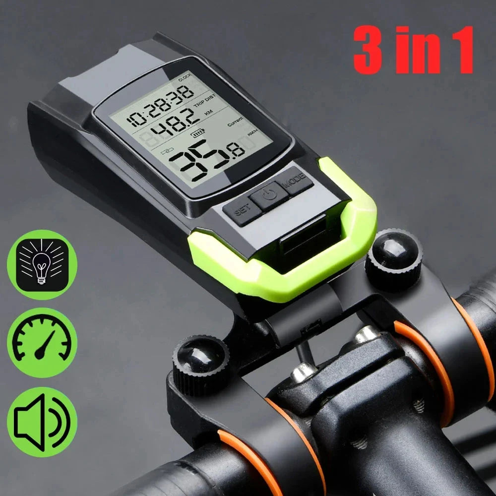 4 Mode USB Bike Light Lamp – Bicycle Computer with 3-Mode Horn, Flashlight, LED Front Lights, Speedometer, and Headlight