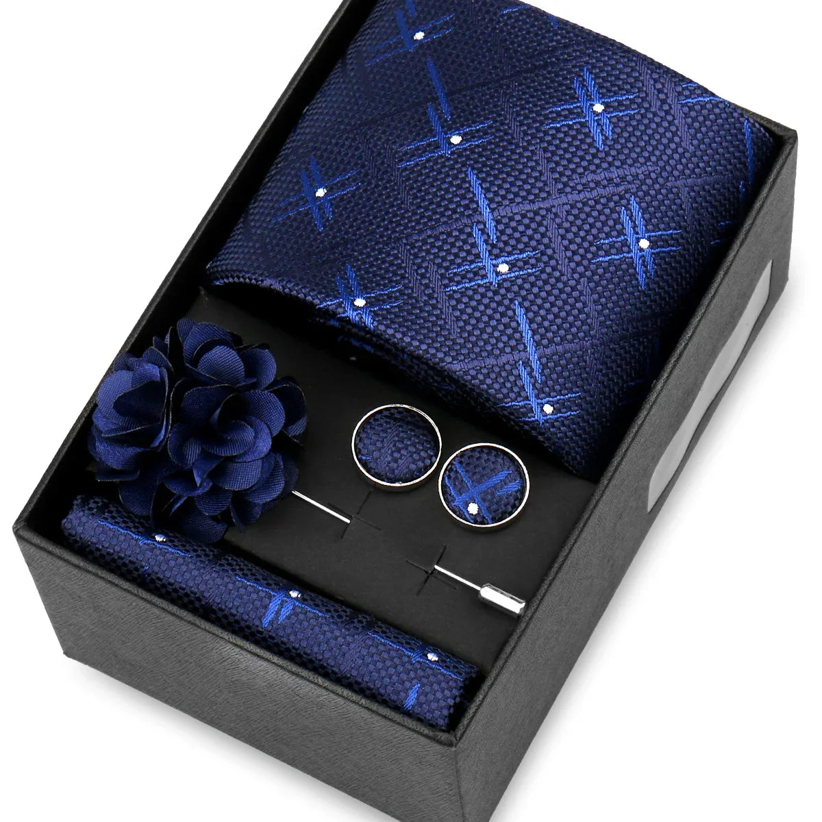 Elegant Men’s Necktie Gift Set - Fashion Tie with Handkerchief, Cufflinks & Brooch Pin Accessories for Business & Wedding