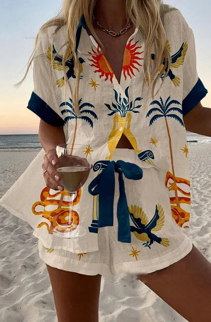 Women’s Summer 2-Piece Set – Lapel Short-Sleeve Shirt & Shorts, Elegant Loose Printed Outfit