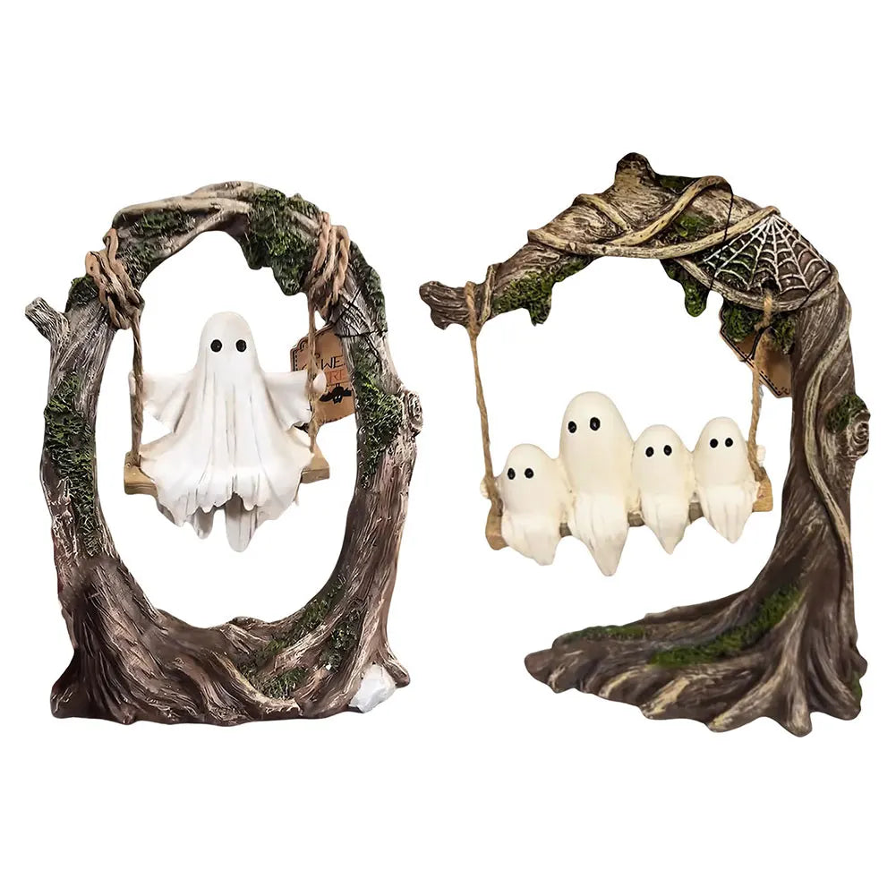 Halloween White Ghost Sculptures — Funny Swinging Tree Ornaments for Tabletop Centerpiece Decor
