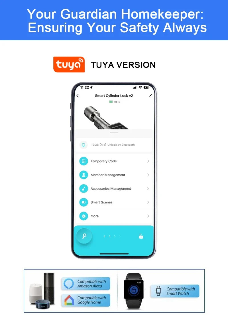 Tuya App Fingerprint Cylinder Smart Door Lock – Electronic Keypad, Key Card & Remote Control for Home & Apartment