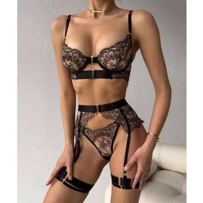 Krasapt Luxury Black Flower Embroidery Lingerie – 4PC Mesh Bra, Thong & Garter Erotic Set