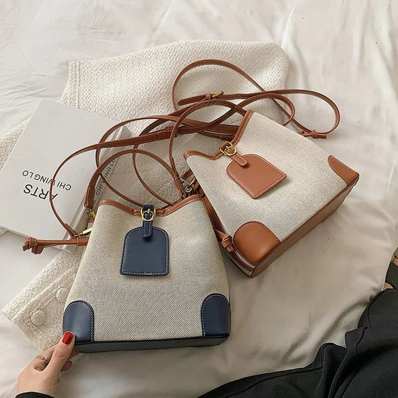 2022 New Korean Style Fashionable Portable Bucket Bag – Trendy Canvas Contrast Texture Messenger Bag