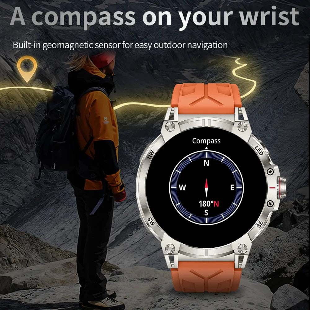 Military Smartwatch for Men – 760mAh Battery, LED Flashlight, Compass, 1.8" HD Screen, Heart Rate, Waterproof, BT Call