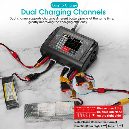 HTRC Smart Battery Charger DC 400W / AC 200W — 12A×2 Balance Charger & Discharger for LiHV, LiFe, Li-Ion, NiCd, NiMH, Pb, LiPo RC Batteries