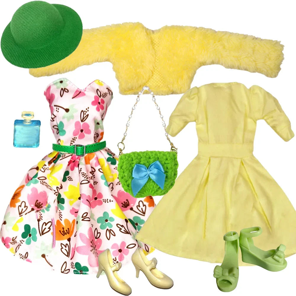 Elegant 1/6 Doll Outfit – Pink Houndstooth Dress, Hat, Gold Belt, Handbag & Shoes Set