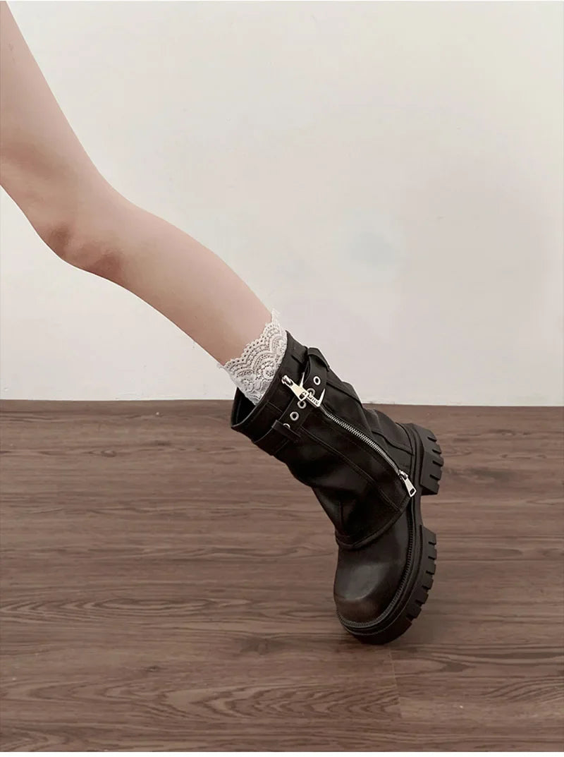 Women’s Winter Biker Boots – Fashion Belt Buckle Platform Short Booties, Casual Knight-Style Flats
