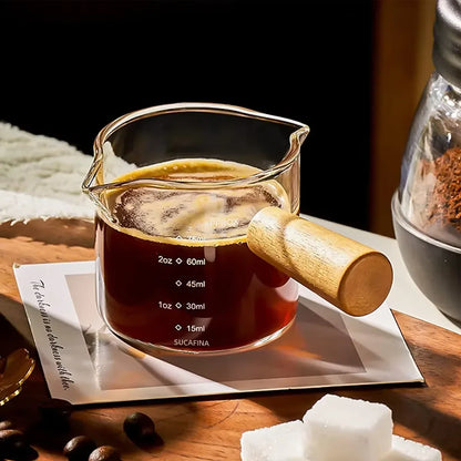 75ML Glass Coffee Measuring Cup with Wooden Handle — Espresso, Milk & Latte Transparent Cup with Scale, Kitchen Coffee Barista Tool