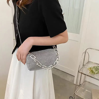 Allover Rhinestone Bucket Bag – Glitter Chain Prom Purse, Women's Mini Crossbody Bag (6.3 x 3.54 Inches)