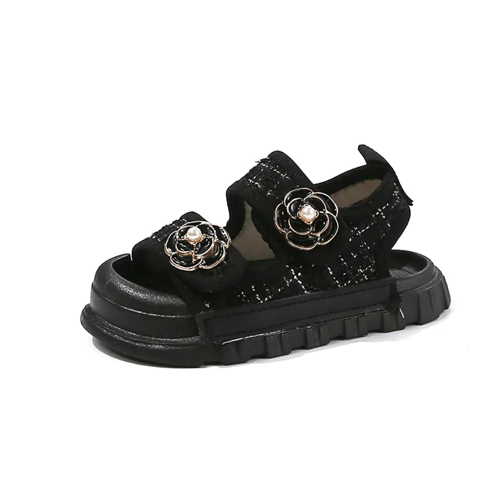 Girls’ Summer Sandals with Pearl Flower, Soft-Soled Beach Shoes for Kids