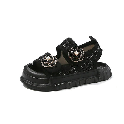 Girls’ Summer Sandals with Pearl Flower, Soft-Soled Beach Shoes for Kids