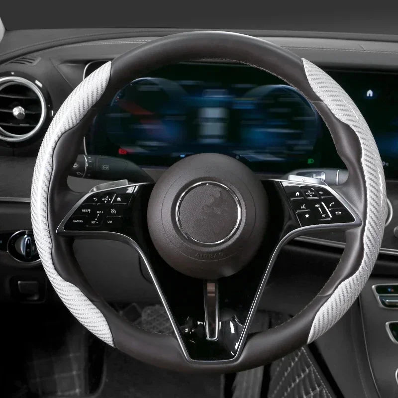 2/3PCS Universal Car Steering Wheel Cover — Laser Carbon Fiber, Silicone & 1K Microfiber Leather, Non-Slip PVC Booster