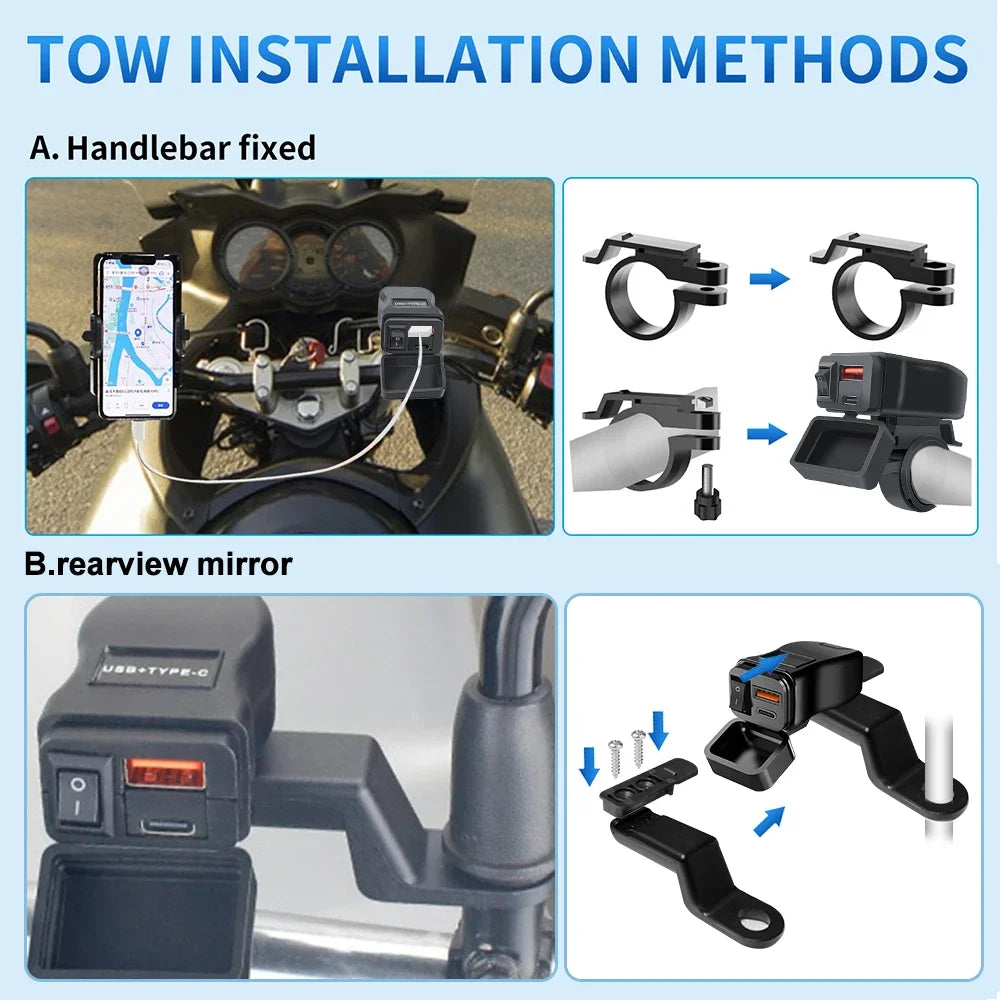 PD QC3.0 Motorcycle USB Fast Charger 60W – Dual USB Handlebar Socket with Switch & Voltmeter Waterproof 12V Power Adapter