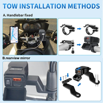 PD QC3.0 Motorcycle USB Fast Charger 60W – Dual USB Handlebar Socket with Switch & Voltmeter Waterproof 12V Power Adapter