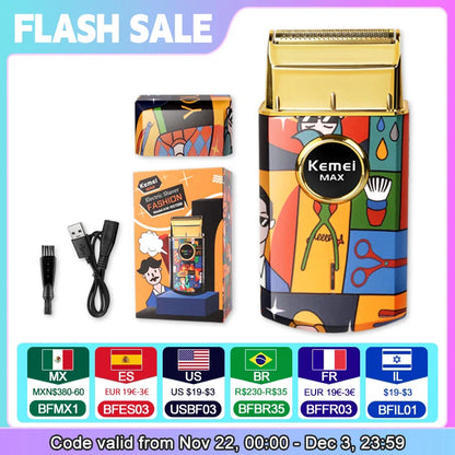 Kemei KM-RS7098 Titanium Double Foil Electric Shaver - Professional Barber Razor with Graffiti Pattern for Men