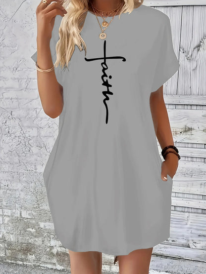 Women’s Plus Size Summer Casual Dress – Loose Fit Cross Faith Print Round Neck Short Sleeve Pocket T-Shirt Dress