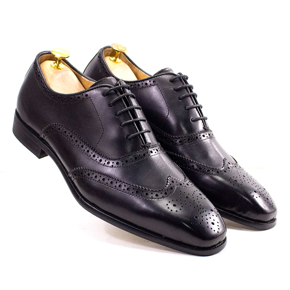 Men's Handmade Wingtip Oxford Shoes - Genuine Calfskin Leather Brogue Dress Shoes