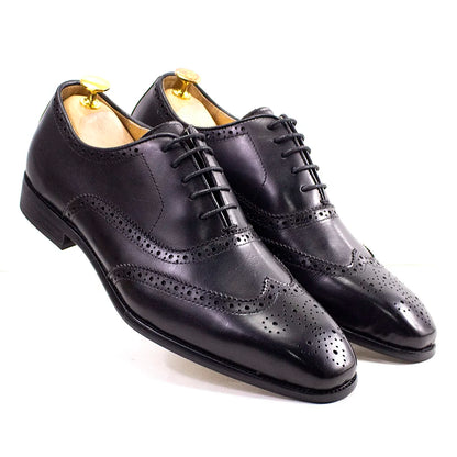 Men's Handmade Wingtip Oxford Shoes - Genuine Calfskin Leather Brogue Dress Shoes