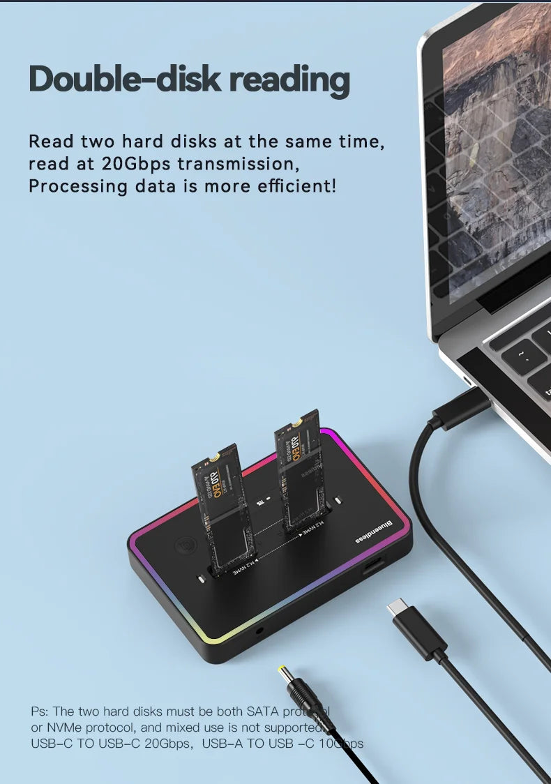 Blueendless M.2 SSD Dual Protocol Docking Station – 2-Bay PCIe NVMe Enclosure with Type-C, 10Gbps, RGB Light