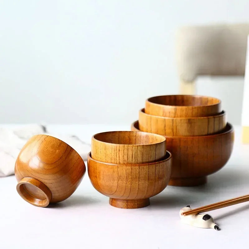 Natural Wooden Kitchen Bowls Set – Large Soup, Salad & Food Containers with Wooden Utensils for Children
