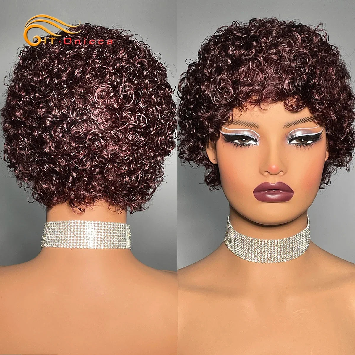 99J Short Curly Human Hair Wig - Full Machine-Made Kinky Curly Wig for Women