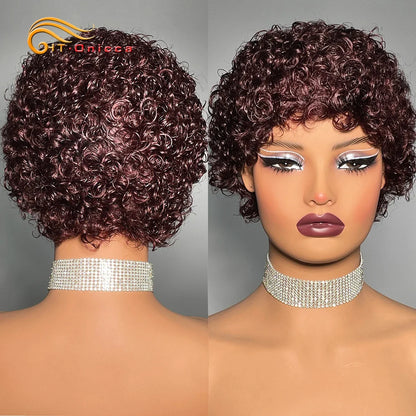 99J Short Curly Human Hair Wig - Full Machine-Made Kinky Curly Wig for Women