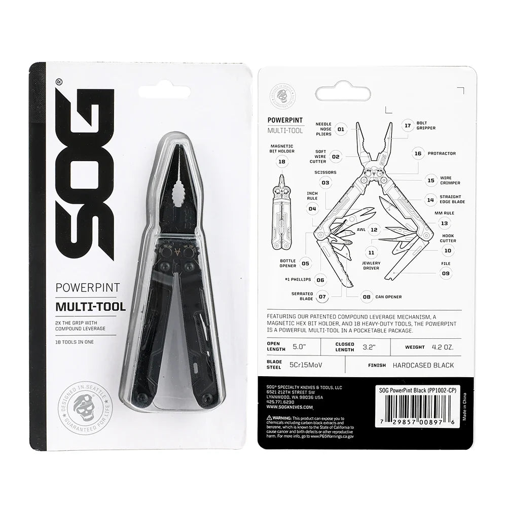 SOG PowerPint Multi Tool - 18-in-1 Folding Pocket Tool with Pliers Knife and Portable EDC Camping Accessories