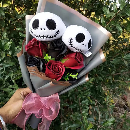 Halloween Jack Skellington Plush Bouquet – Doll Toy with Soap Rose Flower, Terror Skull & Ghost for Christmas & Valentine’s Day Gifts
